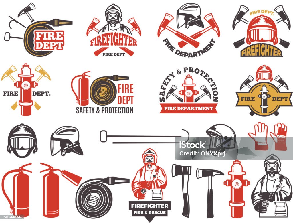 Farbige Abzeichen für Feuerwehr-Abteilung. Symbolsatz der Notfallschutz isoliert auf weiss - Lizenzfrei Feuer Vektorgrafik