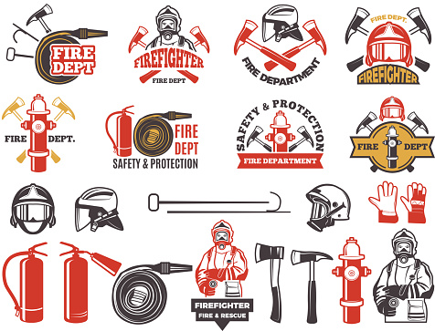 Colored badges for firefighter department. Symbols set of emergency protection isolated on white. Fire department and fireman, firefighter and extinguisher, vector illustration