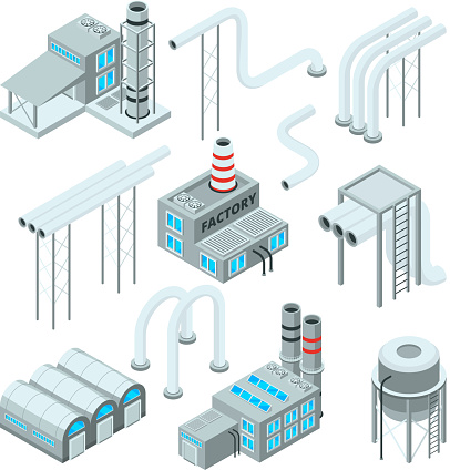 Factory pipe and set of industrial buildings. Isometric style pictures. Industry factory and industrial pipe for plant, vector illustration