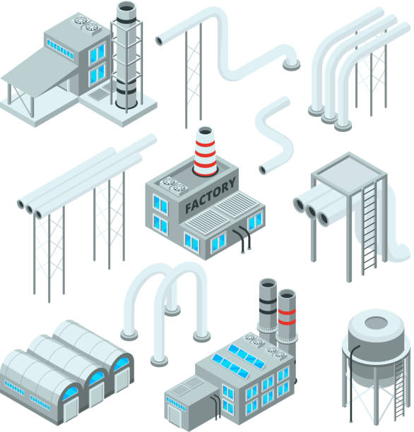 Factory pipe and set of industrial buildings. Isometric style pictures Factory pipe and set of industrial buildings. Isometric style pictures. Industry factory and industrial pipe for plant, vector illustration refinery stock illustrations