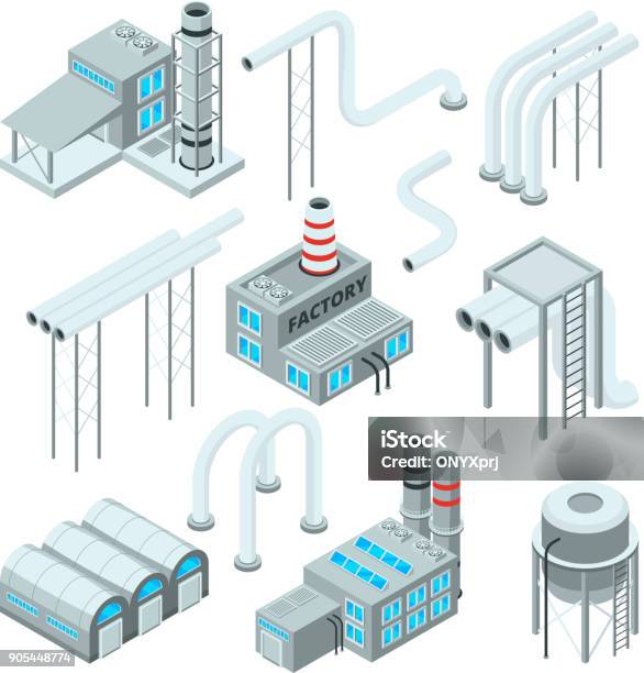 Factory Pipe And Set Of Industrial Buildings Isometric Style Pictures Stock Illustration - Download Image Now