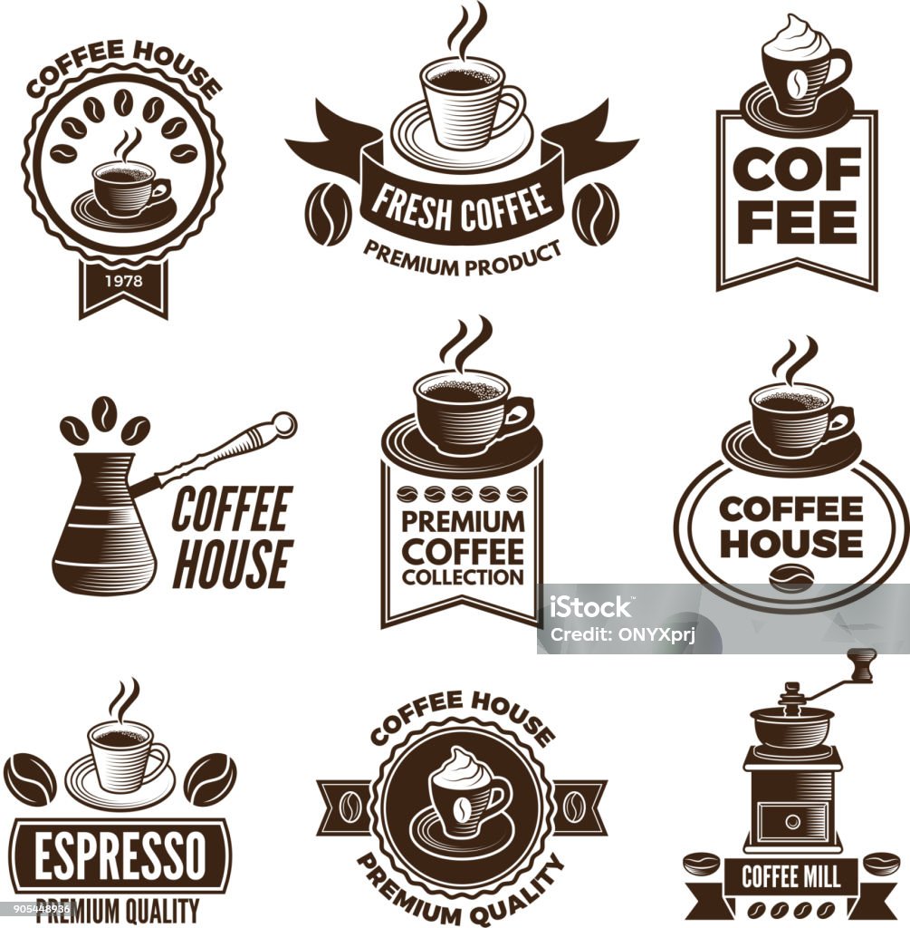 Different labels set for coffee house. Pictures of cups of coffee and caffeine beans Different labels set for coffee house. Pictures of cups of coffee and caffeine beans. Coffee drink in cup, label for shop sticker. Vector illustration Logo stock vector