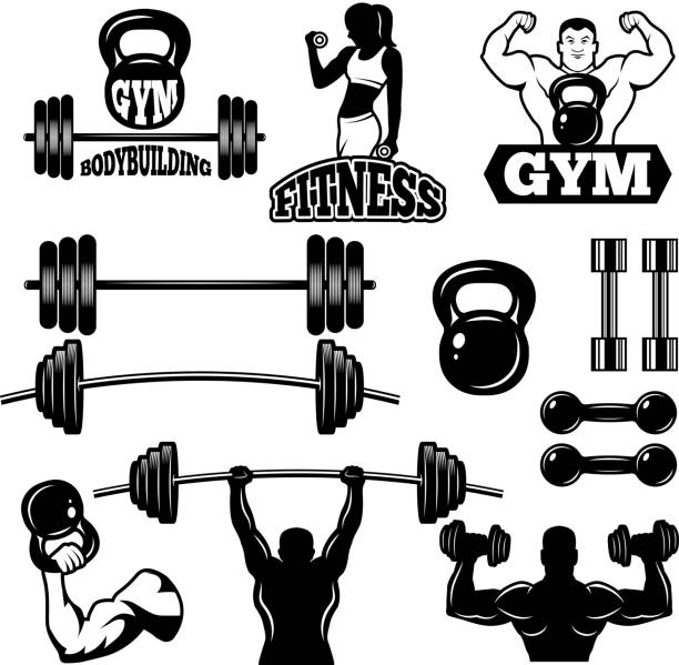 ilustraciones, imágenes clip art, dibujos animados e iconos de stock de insignias y etiquetas para club de gimnasia y fitness. símbolos de deporte estilo monocromo - barbell weights dumbbell sport