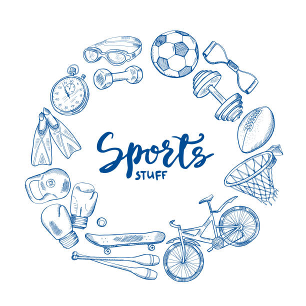 Vector hand drawn sports tools circle concept with lettering in center Vector hand drawn sports tools circle concept with lettering in center. Equipment sport sketch doodle, fitness training illustration clip art of how to draw a train stock illustrations