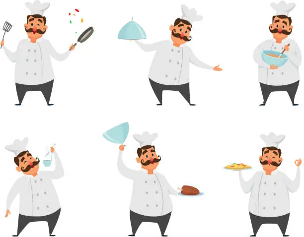 Vector illustration of Funny characters of chef in action poses. Vector illustrations in cartoon style