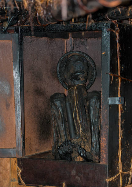 Ancient mummy of the Dani tribe, Baliem Valley, West-Papua Baliem-Valley, New Guinea, Indonesia - August 22, 2017: An approx. 300 years old Mummy of a former great chief of the Dani  people (also spelled as Ndani). The mummy sits in a hut of the village and is not kept in a museum or behind glass. The Dani inhabit the Baliem Valley in the central highlands of West Papua (the Indonesian part of New Guinea). dani stock pictures, royalty-free photos & images