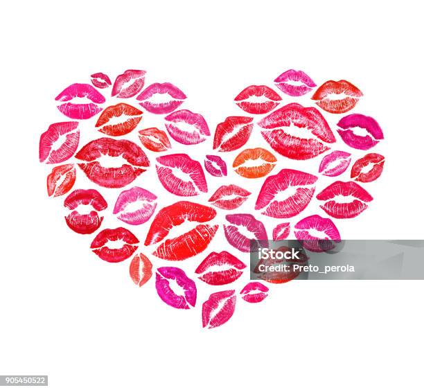 Heart Shape Made With Colourful Print Kisses Stock Photo - Download Image Now - Heart Shape, Human Lips, Lipstick