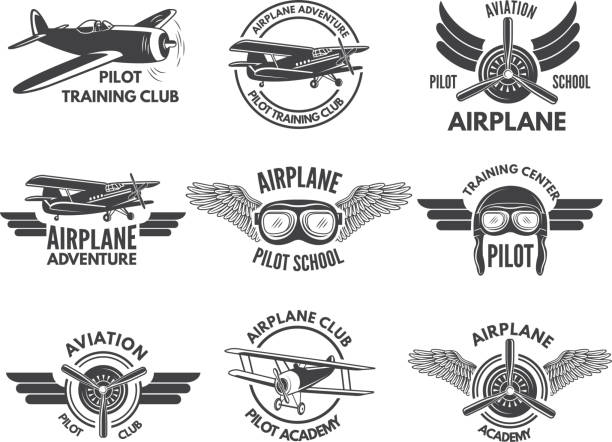 illustrations, cliparts, dessins animés et icônes de modèle avec les photos des avions de conception étiquettes - logo avion