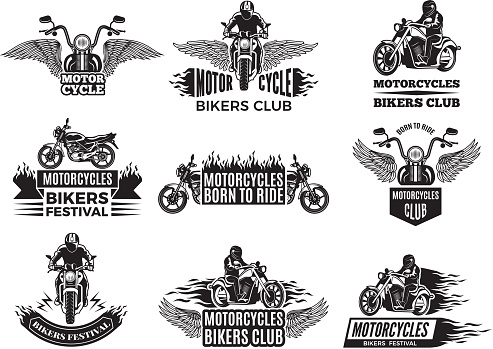 Motorbike illustrations. Logos for bike club. Motorcycle emblem club, motorbike classic chopper vector