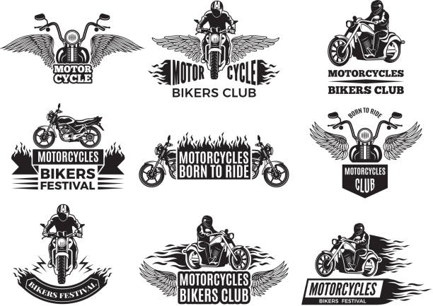 Motorbike illustrations. Logos for bike club Motorbike illustrations. Logos for bike club. Motorcycle emblem club, motorbike classic chopper vector motorcycle racing stock illustrations
