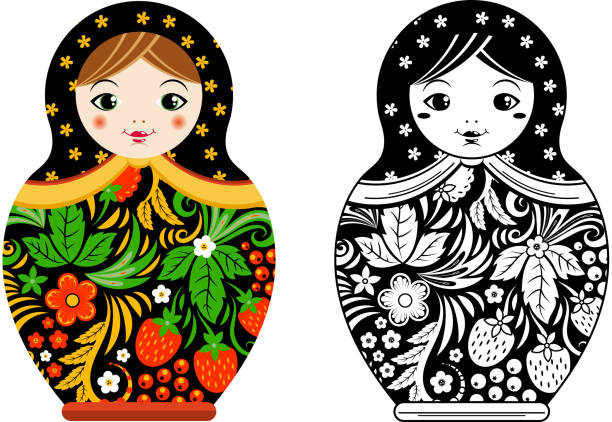 ilustraciones, imágenes clip art, dibujos animados e iconos de stock de muñeca rusa retra. matryoshka pintado en estilo khokhloma. imágenes de vector lineales y de color - mamushka