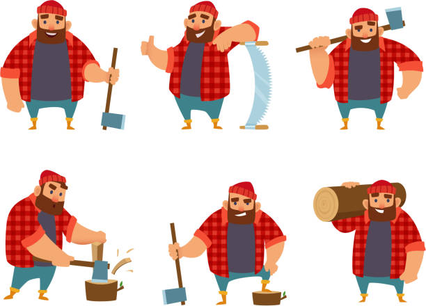 ilustraciones, imágenes clip art, dibujos animados e iconos de stock de leñador en poses de acción diferentes. carácter divertido del vector - leñador