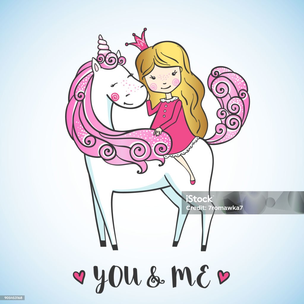 Little girl on a cute unicorn. Greeting card with Little princess girl on magic unicorn. Love concept. Vector illustration. Princess stock vector