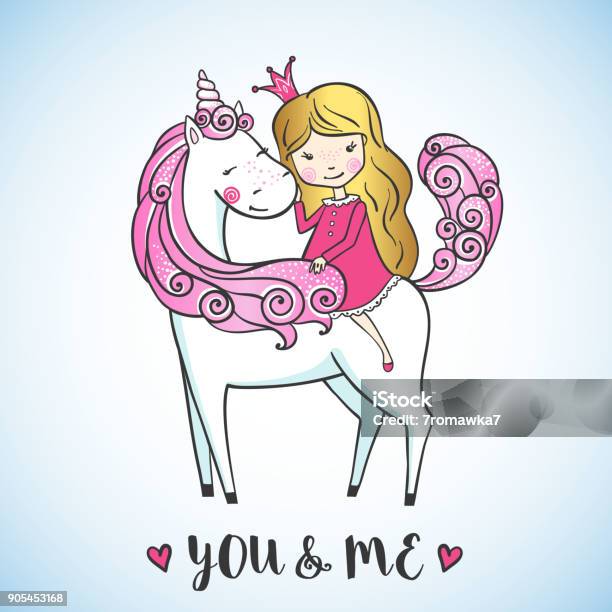 Little Girl On A Cute Unicorn Stock Illustration - Download Image Now - Princess, Unicorn, Animal