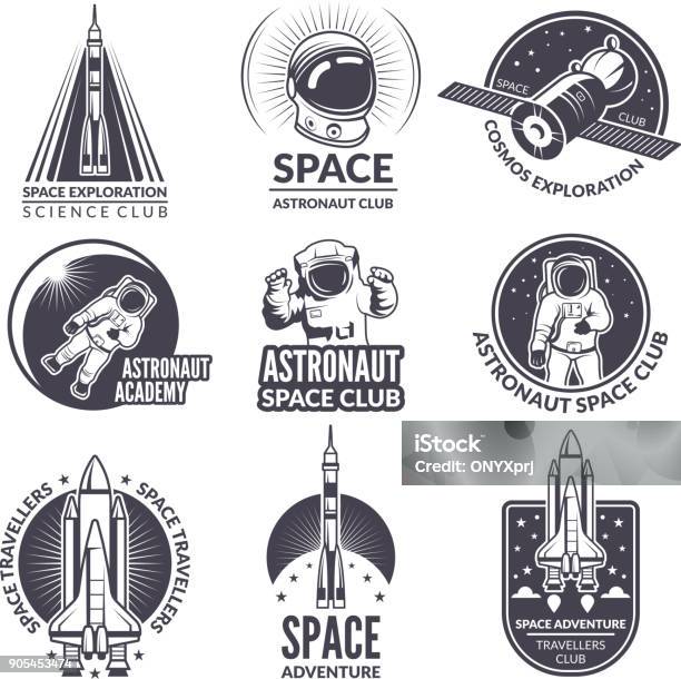 Monochromen Abbildungen Des Space Shuttle Und Astronauten Für Etiketten Und Abzeichen Stock Vektor Art und mehr Bilder von Astronaut