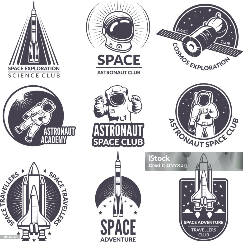 Illustrations monochromes de la navette spatiale et des astronautes pour les étiquettes et insignes - clipart vectoriel de Astronaute libre de droits