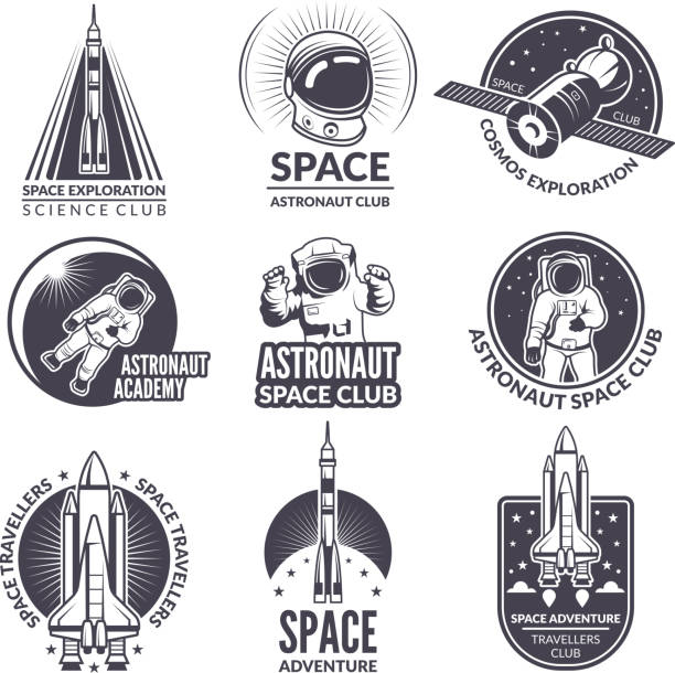 Monochrome illustrations of space shuttle and astronauts for labels and badges Monochrome illustrations of space shuttle and astronauts for labels and badges. Spaceship and science exploration emblems, launch shuttl with astronaut vector astronaut icons stock illustrations