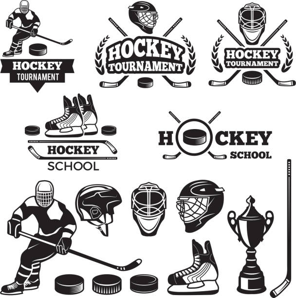 ilustraciones, imágenes clip art, dibujos animados e iconos de stock de etiquetas para equipo de hockey en deporte. conjunto de vector divisas - ice hockey illustrations