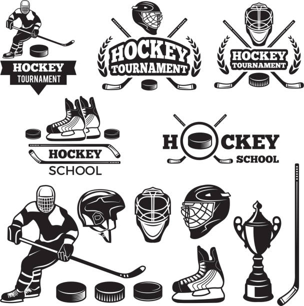 illustrazioni stock, clip art, cartoni animati e icone di tendenza di etichette sportive per la squadra di hockey. set di badge vettoriali - hockey