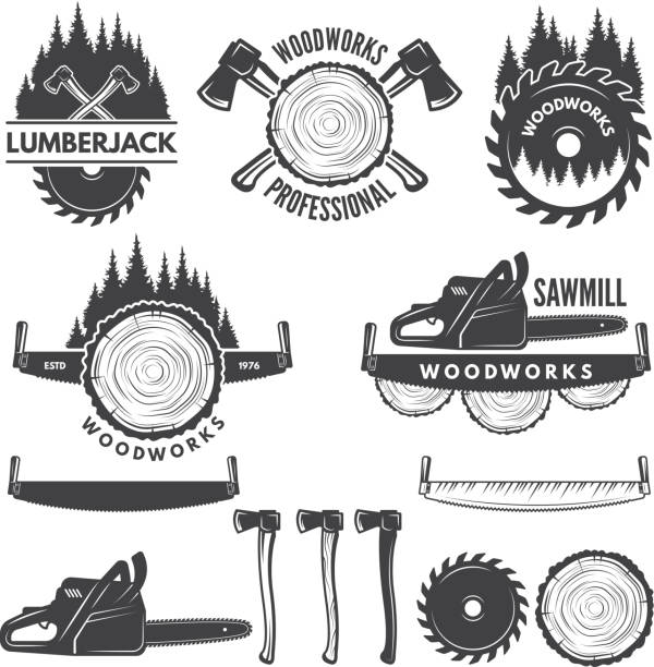 einfarbige aufkleber set mit holzfäller und bilder für die holzindustrie - lumberjack lumber industry forester axe stock-grafiken, -clipart, -cartoons und -symbole