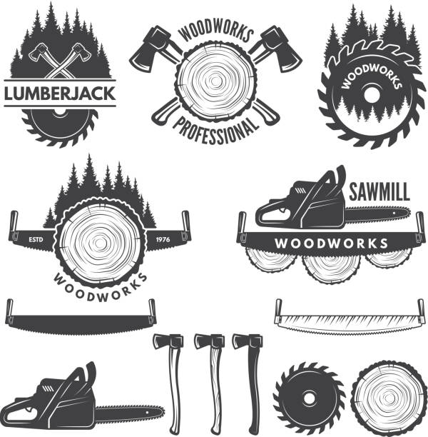 Monochrome labels set with lumberjack and pictures for wood industry Monochrome labels set with lumberjack and pictures for wood industry. Vector lumberjack icon, industry carpentry and woodwork illustration lumberjack stock illustrations