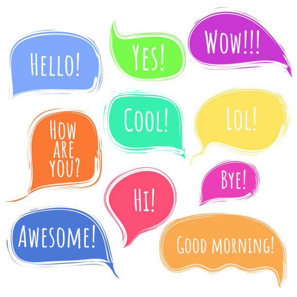Color vector speech or thought bubbles with text Colorful vector speech or thought bubbles with deckle ragged edges set. Message clouds with Hello, Hi, Wow, Awesome, Bye title. Color communication symbols for message advertisement, web design good morning greeting stock illustrations