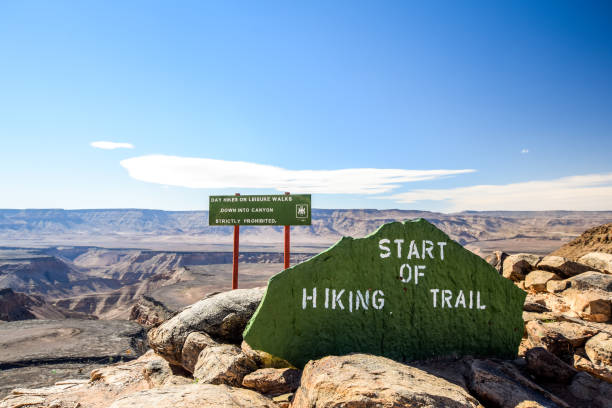 "Start of hiking trail" sign at the beginning of the Fish River Canyon hiking trail starting at Hobas and leading to Ai-Ais, 85km away. stock photo