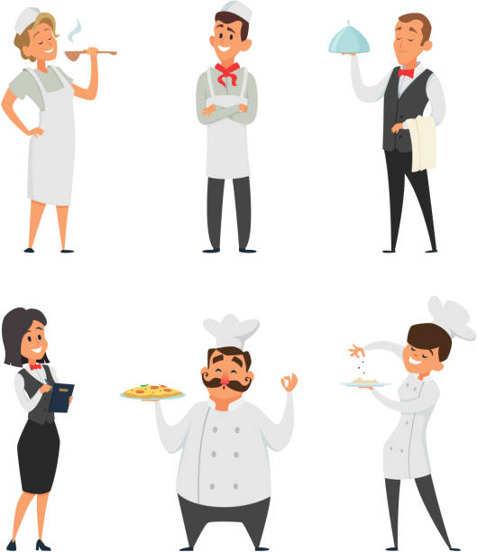 ilustrações, clipart, desenhos animados e ícones de equipe de profissionais do restaurante. cozinheiro, garçom e outras personagens de desenhos animados - women men waitress service
