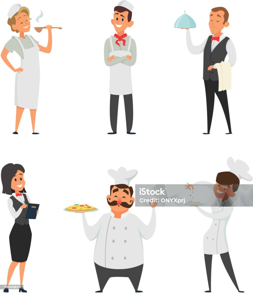 Professional Staff Of The Restaurant Cook Waiter And Other Cartoon  Characters Stock Illustration - Download Image Now - iStock