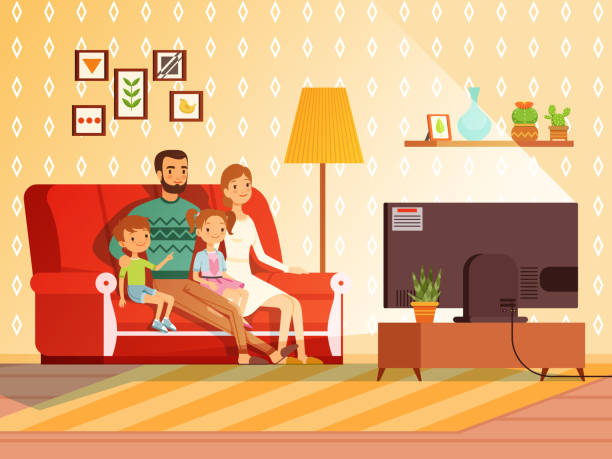 illustrazioni stock, clip art, cartoni animati e icone di tendenza di stile di vita della famiglia moderna. madre, padre e figli guardano la tv - little boys television watching the media