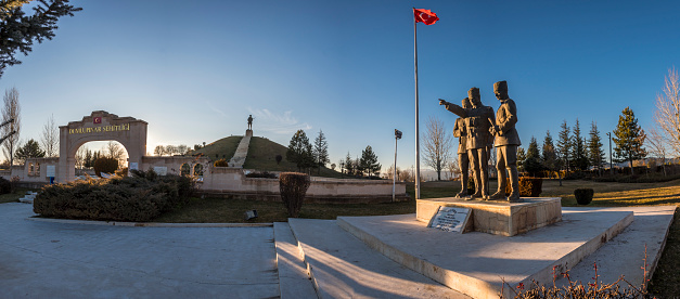 Dumlupinar, Turkey - January 07, 2018 : Victory Monuments and cemetery in Dumlupinar.The Battle of Dumlupinar was the last battle in the Greco-Turkish War (part of the Turkish War of Independence).