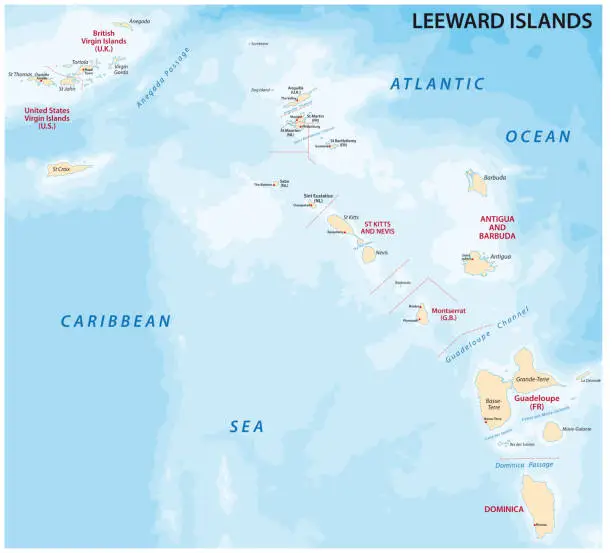 Vector illustration of Map of leeward islands, Caribbean island group