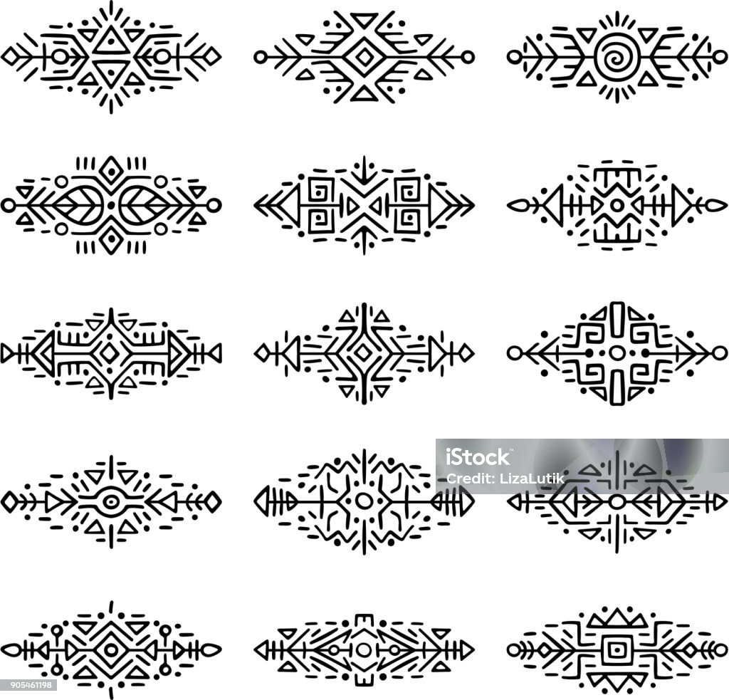 Borders Collection in Ethnic Style Collection of Hand Drawn Borders in Ethnic Style. Aztec art dividers. Trendy boho separators. Tattoo design. Pattern stock vector