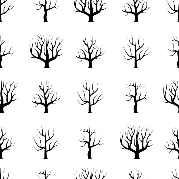 Vector illustration of Seamless black and white curved trees without leaves backgrounds