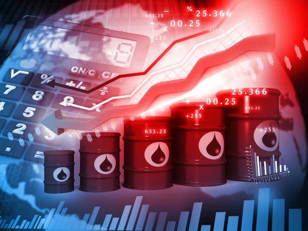 barili di petrolio con grafico del prezzo del petrolio in calo - oil drop currency liquid foto e immagini stock
