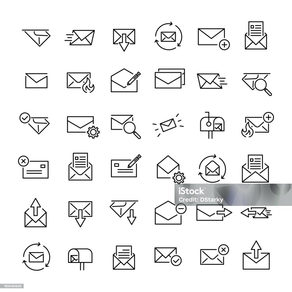 Set of 36 mail thin line icons Set of 36 mail thin line icons. High quality pictograms of letter. Modern outline style icons collection. Contact, email, send, message, etc. Icon Symbol stock vector