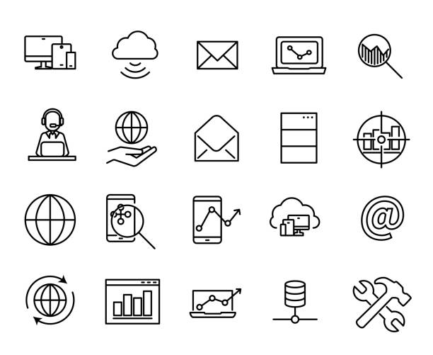 Simple collection of SEO related line icons. Simple collection of SEO related line icons. Thin line vector set of signs for infographic, logo, app development and website design. Premium symbols isolated on a white background. hanging mobile stock illustrations