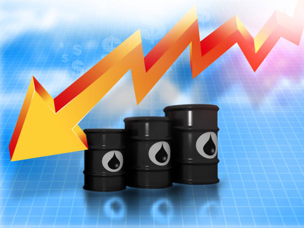 barili di petrolio con grafico del prezzo del petrolio in calo - oil drop currency liquid foto e immagini stock
