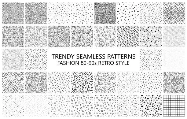 Vector illustration of Bundle of trendy mosaic seamless patterns. Fashion 80-90s. Black and white textures