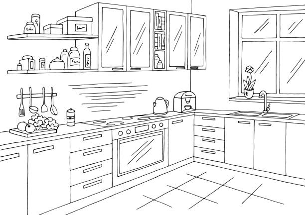küche zimmer grafik schwarz weißen inneren skizze abbildung vektor - kitchen stock-grafiken, -clipart, -cartoons und -symbole