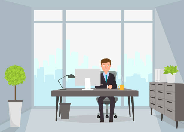 Businessman sitting in office interior Vector illustration. Painted in shape desk backgrounds stock illustrations