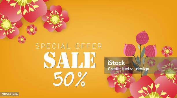 Spring Sale Banner With Paper Flowers On A Yellow Background Vector Illustration Banner Perfect For Promotions Magazines Advertising Web Sites Stock Illustration - Download Image Now