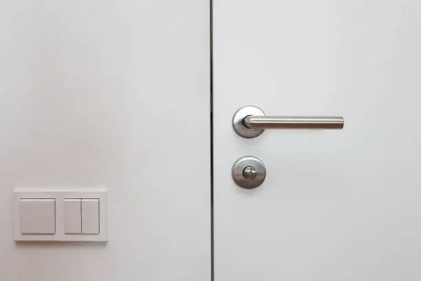 Photo of Close white door with metallic handle.