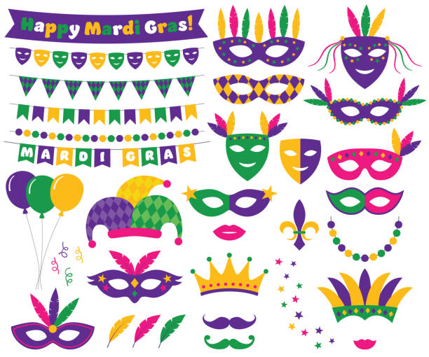 zestaw elementów dekoracyjnych i projektowych mardi gras - mardi gras stock illustrations