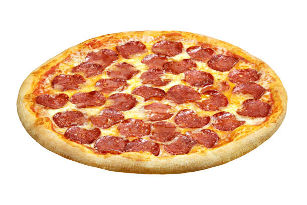 pizza salami mit mozzarella-käse, vorlage für ihr design und die speisekarte des restaurants, isolierten weißen hintergrund. - pepperonipizza stock-fotos und bilder