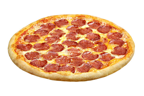 istock Pizza pepperoni with mozzarella cheese, template for your design and menu of restaurant, isolated white background. 905473280