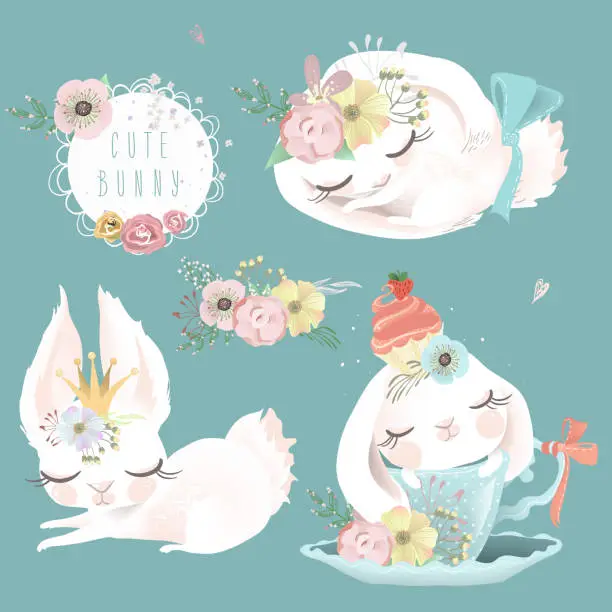 Vector illustration of Cute white, bunnies, rabbits dreaming, sleeping and romantic baby girl princess set