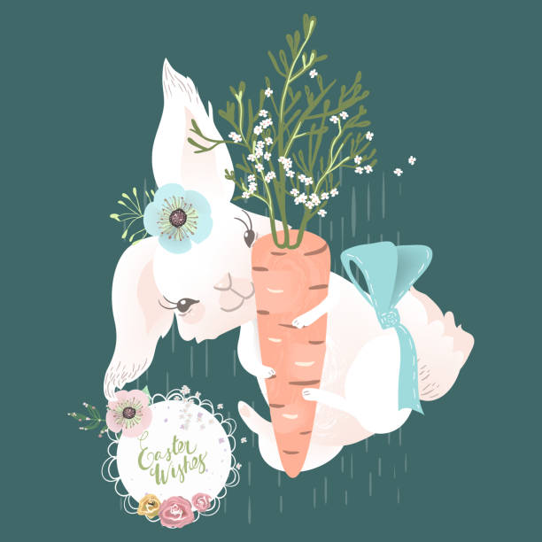 симпатичный белый кролик, кролик, заяц с морковью и цветами - carrot baby carrot food backgrounds stock illustrations