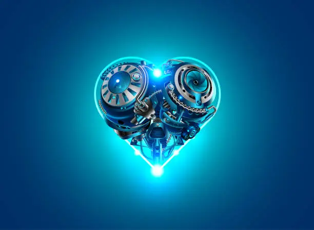 Vector illustration of Valentine's day in style, technology, robots, industry, cybernetics and science. Mechanical heart