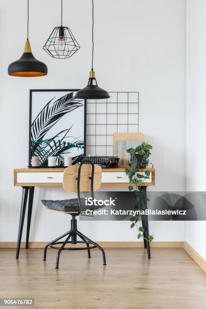 Home Office Interior With Typewriter Stock Photo - Download Image Now - Home Office, Electric Lamp, Home Decor